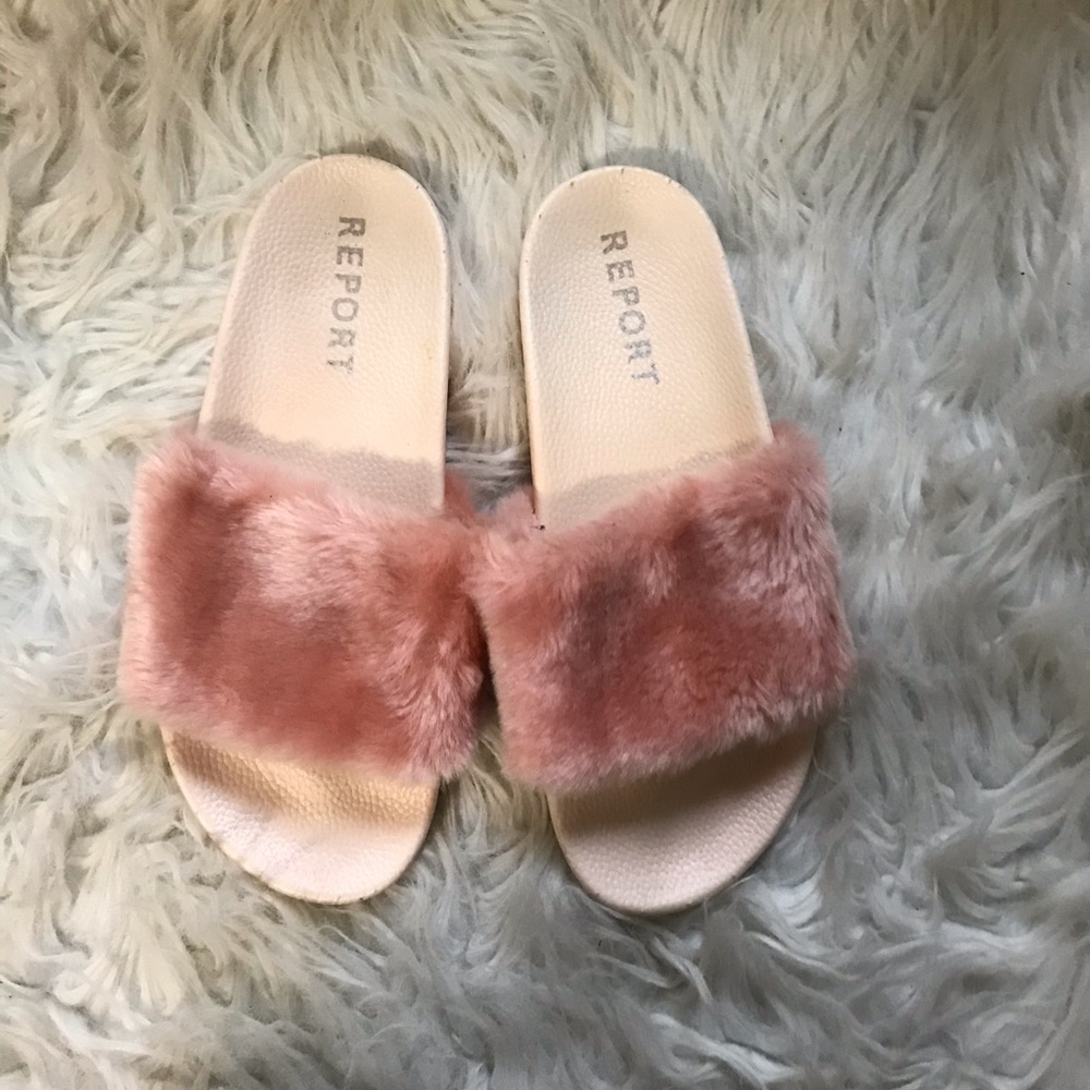 Pink fuzzy slides